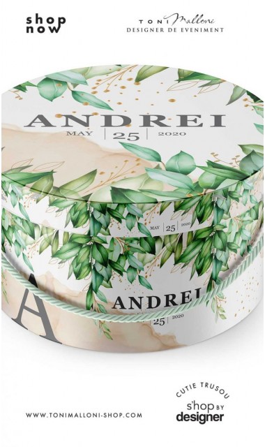 Cutie trusou botez jungle personalizata cu frunze exotice verzi Jungle Mood 3